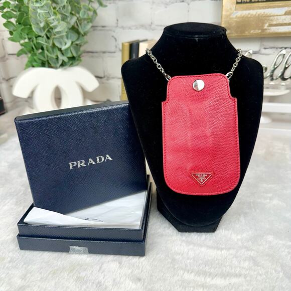Prada red leather lanyard ID holder on chain - Picture 1 of 13